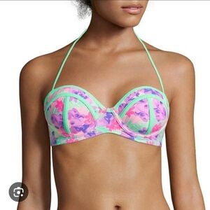 INMOCEAN Pink Teal Floral Strapless Bandeau Padded Push Up Bikini Top
